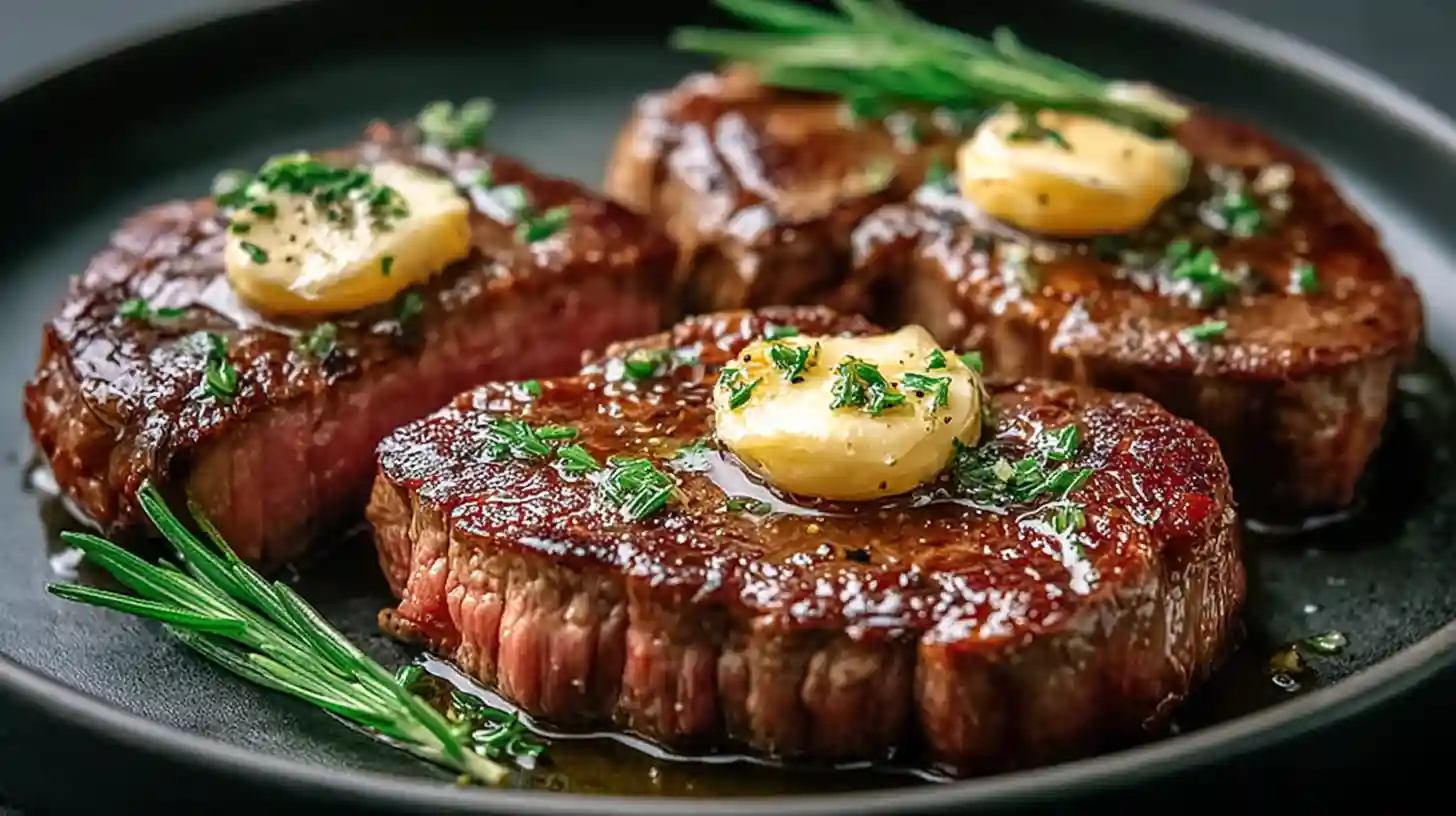 Pan Seared Steak with Garlic Butter juicy ribeye New York Strip in cast iron skillet topped with melted garlic herb butter fresh thyme rosemary and black pepper