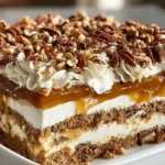 Pecan pie lasagna no-bake holiday dessert 4 layers feeds 12 graham cracker crust cream cheese pecan filling Cool Whip — crust 1.5 cups graham cracker crumbs third cup granulated sugar half cup melted unsalted butter pressed firmly 9x13 dish refrigerated 15 minutes, cream cheese layer 8 ounces softened cream cheese 1 cup powdered sugar 1 teaspoon vanilla beaten fluffy 1 cup thawed Cool Whip gently folded spread offset spatula, pecan filling saucepan 1 cup packed light brown sugar half cup light corn syrup 4 tablespoons unsalted butter medium heat stirred melted combined, slowly whisked 2 large beaten eggs 1 teaspoon vanilla constantly 5 minutes thickened removed heat 1.5 cups chopped pecans stirred cooled warm not hot spread gently over cream cheese layer, topped 1.5 cups Cool Whip quarter cup chopped pecans caramel sauce drizzled, covered plastic refrigerated minimum 4 hours overnight warm knife cut served