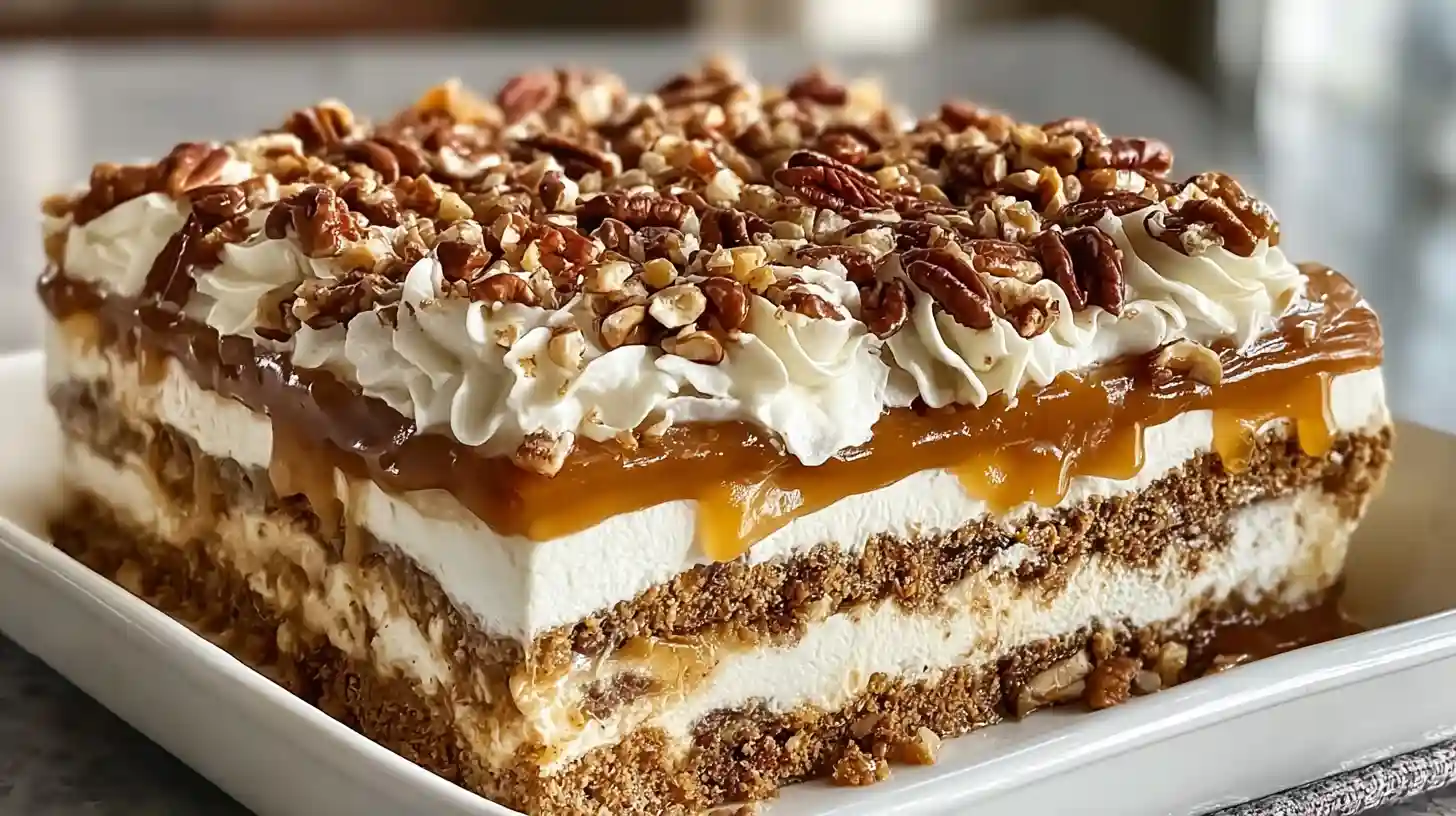 Pecan pie lasagna no-bake holiday dessert 4 layers feeds 12 graham cracker crust cream cheese pecan filling Cool Whip โ crust 1.5 cups graham cracker crumbs third cup granulated sugar half cup melted unsalted butter pressed firmly 9x13 dish refrigerated 15 minutes, cream cheese layer 8 ounces softened cream cheese 1 cup powdered sugar 1 teaspoon vanilla beaten fluffy 1 cup thawed Cool Whip gently folded spread offset spatula, pecan filling saucepan 1 cup packed light brown sugar half cup light corn syrup 4 tablespoons unsalted butter medium heat stirred melted combined, slowly whisked 2 large beaten eggs 1 teaspoon vanilla constantly 5 minutes thickened removed heat 1.5 cups chopped pecans stirred cooled warm not hot spread gently over cream cheese layer, topped 1.5 cups Cool Whip quarter cup chopped pecans caramel sauce drizzled, covered plastic refrigerated minimum 4 hours overnight warm knife cut served