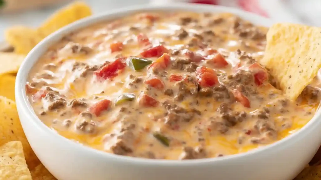 Rotel dip with ground beef classic 3-ingredient Velveeta party appetizer 20 minutes — brown 1 pound lean ground beef large skillet medium-high heat crumbled cooked 6-8 minutes no pink drained, reduce heat medium-low cubed 16-ounce Velveeta added entire 10-ounce can Rotel tomatoes with liquid undrained poured stirred melted smooth creamy 5-7 minutes, optional 1 tablespoon taco seasoning or chili powder added while beef cooking extra flavor, served warm tortilla chips slow cooker warm setting keeps melty hours