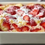 Strawberry Cheesecake Dump Cake with creamy cheesecake layer strawberry pie filling and golden buttery cake mix crust topped with fresh strawberries