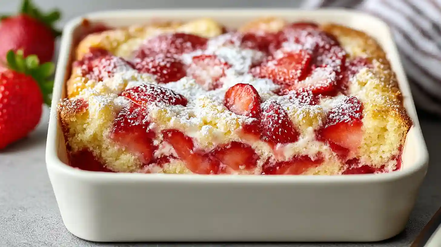 Strawberry Cheesecake Dump Cake with creamy cheesecake layer strawberry pie filling and golden buttery cake mix crust topped with fresh strawberries