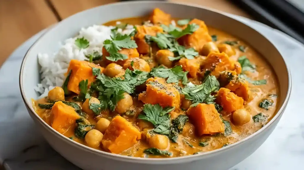 Sweet potato and chickpea curry with tender golden sweet potatoes, hearty chickpeas, and wilted spinach in a rich creamy coconut tomato sauce served over fluffy basmati rice