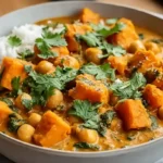 Sweet potato and chickpea curry with tender golden sweet potatoes, hearty chickpeas, and wilted spinach in a rich creamy coconut tomato sauce served over fluffy basmati rice