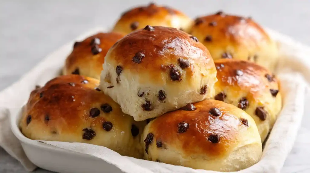 The fluffiest chocolate chip milk buns golden and pillowy soft fresh out of the oven on a wooden board