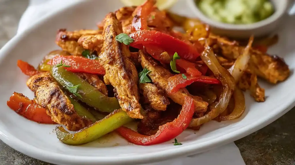 Air Fryer Chicken Fajitas with juicy seasoned chicken strips colorful bell peppers and onions cooked until lightly charred served with tortillas guacamole and lime wedges