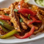 Air Fryer Chicken Fajitas with juicy seasoned chicken strips colorful bell peppers and onions cooked until lightly charred served with tortillas guacamole and lime wedges
