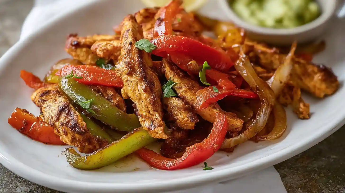 Air Fryer Chicken Fajitas with juicy seasoned chicken strips colorful bell peppers and onions cooked until lightly charred served with tortillas guacamole and lime wedges