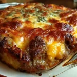Amish Hamburger Steak Bake with oven-baked ground beef patties smothered in creamy mushroom gravy and onions served on a plate with mashed potatoes