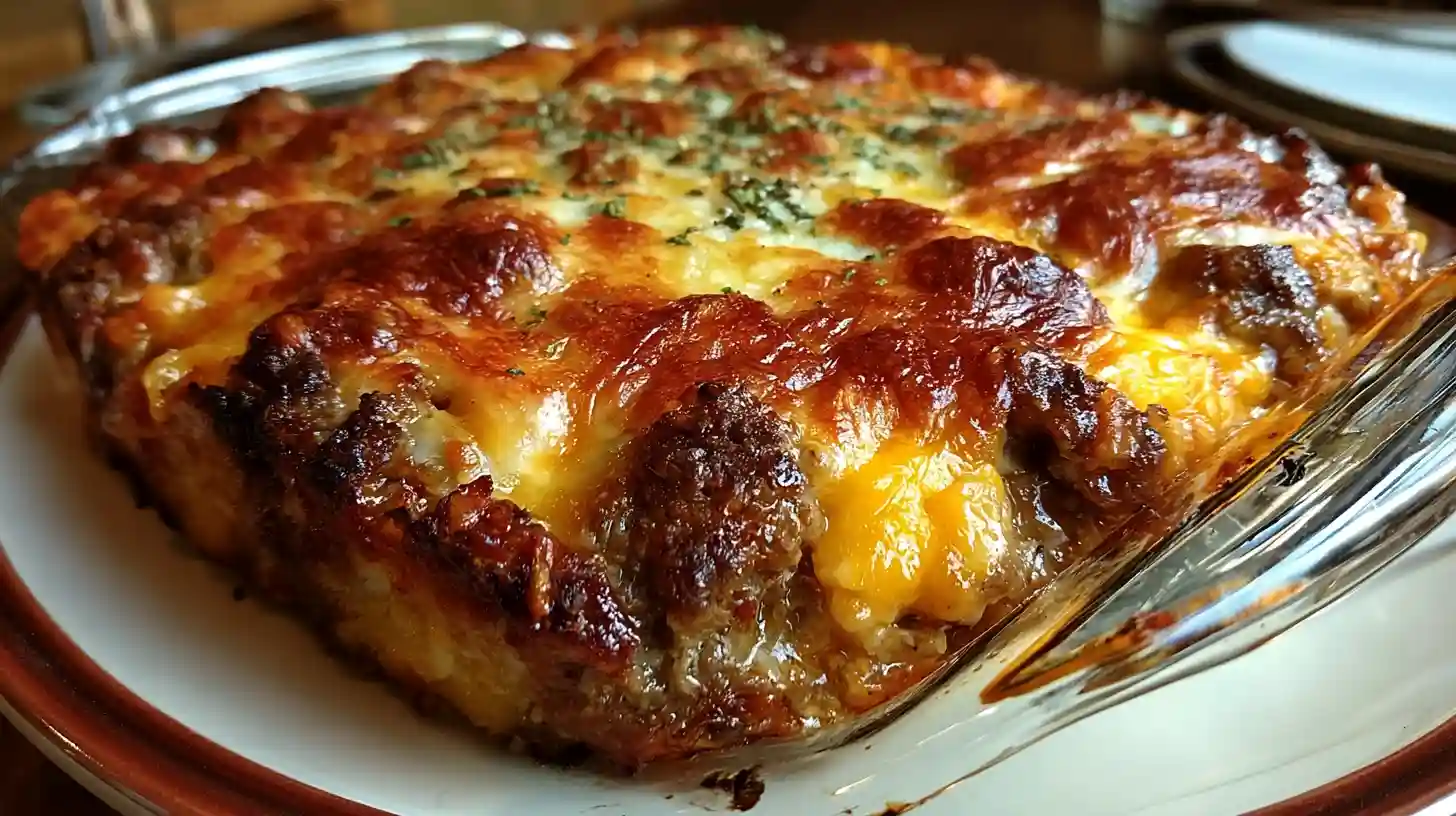 Amish Hamburger Steak Bake with oven-baked ground beef patties smothered in creamy mushroom gravy and onions served on a plate with mashed potatoes