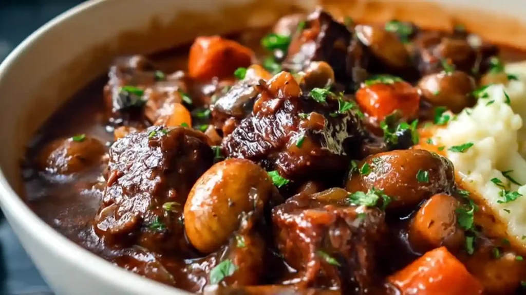 Beef Bourguignon with tender beef chunks mushrooms carrots pearl onions and rich red wine sauce garnished with parsley