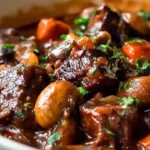Beef Bourguignon with tender beef chunks mushrooms carrots pearl onions and rich red wine sauce garnished with parsley