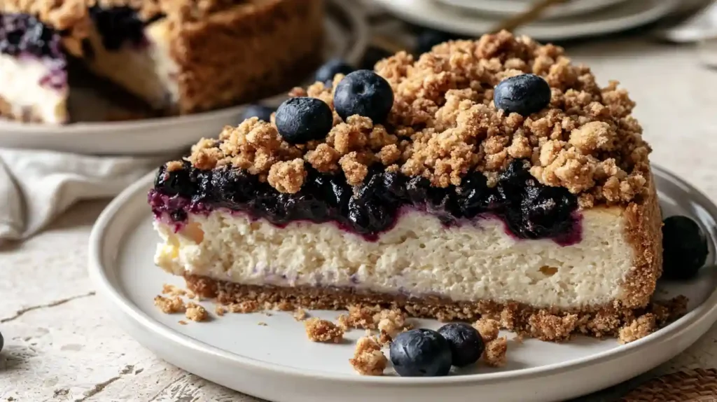 Blueberry Crumble Cheesecake with creamy vanilla cheesecake fresh blueberry swirl buttery crumble topping and graham cracker crust on a white plate