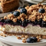 Blueberry Crumble Cheesecake with creamy vanilla cheesecake fresh blueberry swirl buttery crumble topping and graham cracker crust on a white plate