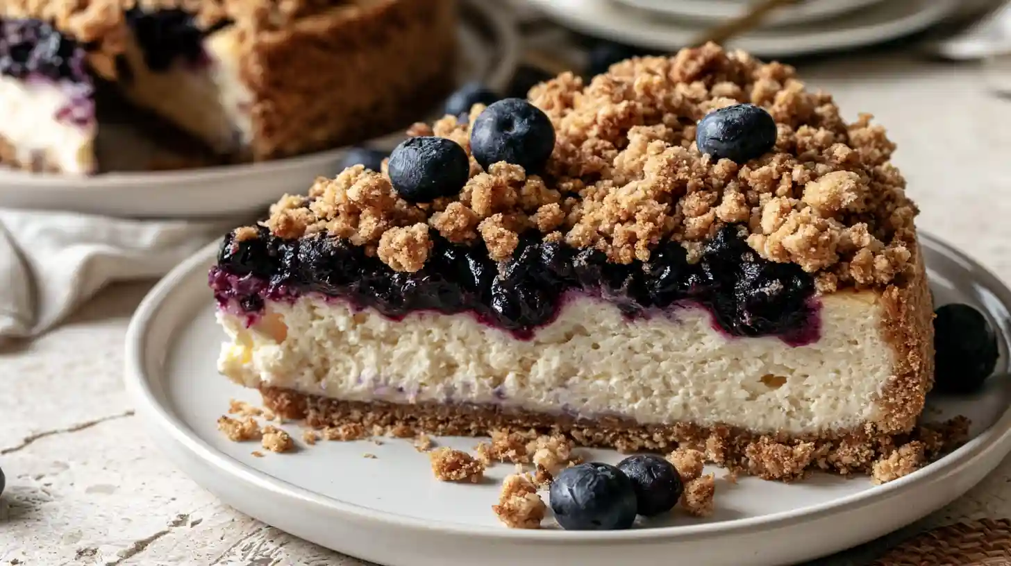 Blueberry Crumble Cheesecake with creamy vanilla cheesecake fresh blueberry swirl buttery crumble topping and graham cracker crust on a white plate