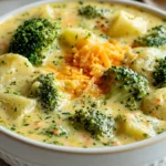 Broccoli Potato Cheese Soup in a creamy cheddar broth with tender potato chunks broccoli florets carrots celery and melted cheese served in a rustic bowl
