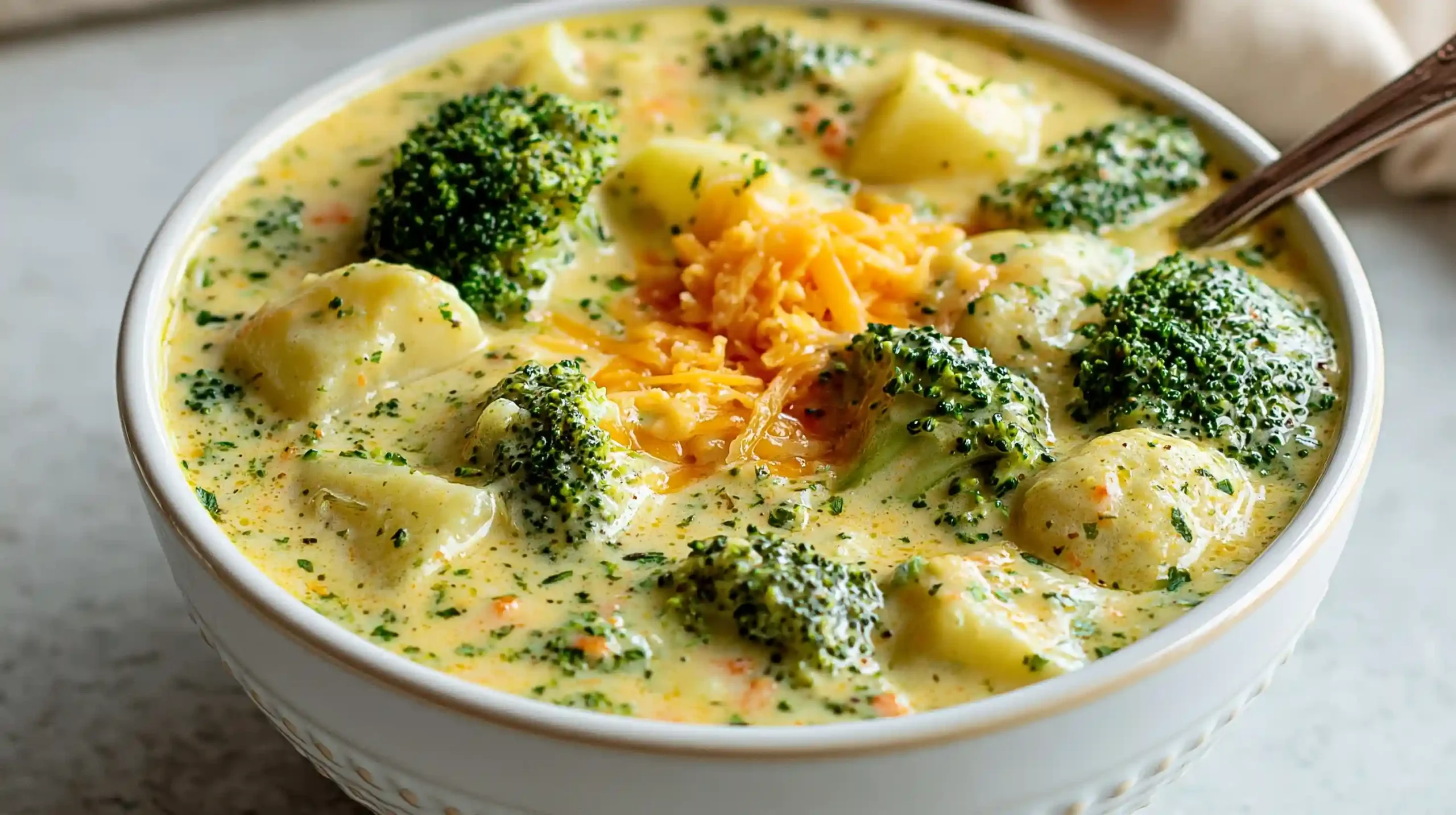 Broccoli Potato Cheese Soup in a creamy cheddar broth with tender potato chunks broccoli florets carrots celery and melted cheese served in a rustic bowl