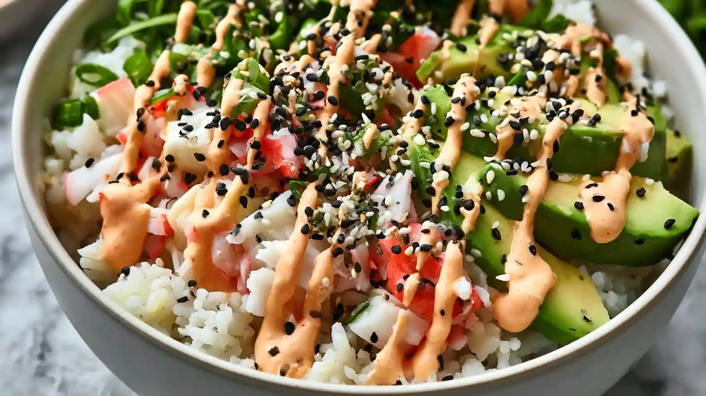 California Roll Sushi Bowls with a bed of seasoned sushi rice topped with creamy crab mixture cucumber avocado nori sesame seeds and sriracha mayo drizzle