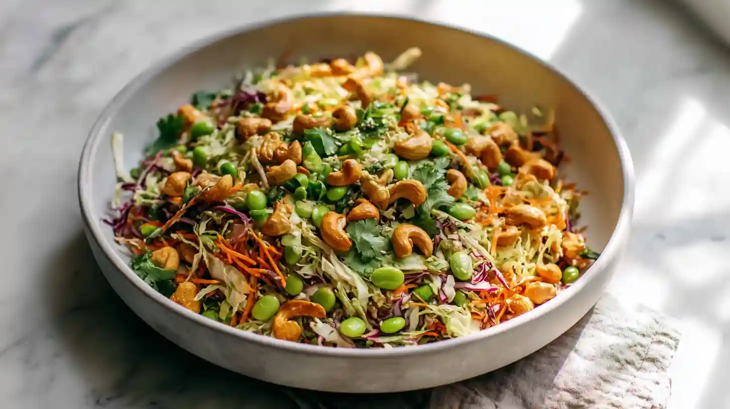 Cashew Crunch Salad with Sesame Dressing loaded with colorful shredded cabbage carrots bell peppers edamame chow mein noodles roasted cashews and cilantro in creamy sesame dressing