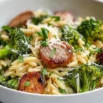 Chicken Sausage and Broccoli Orzo one-pot skillet with golden browned sausage rounds bright green broccoli creamy Parmesan orzo lemon and fresh herbs