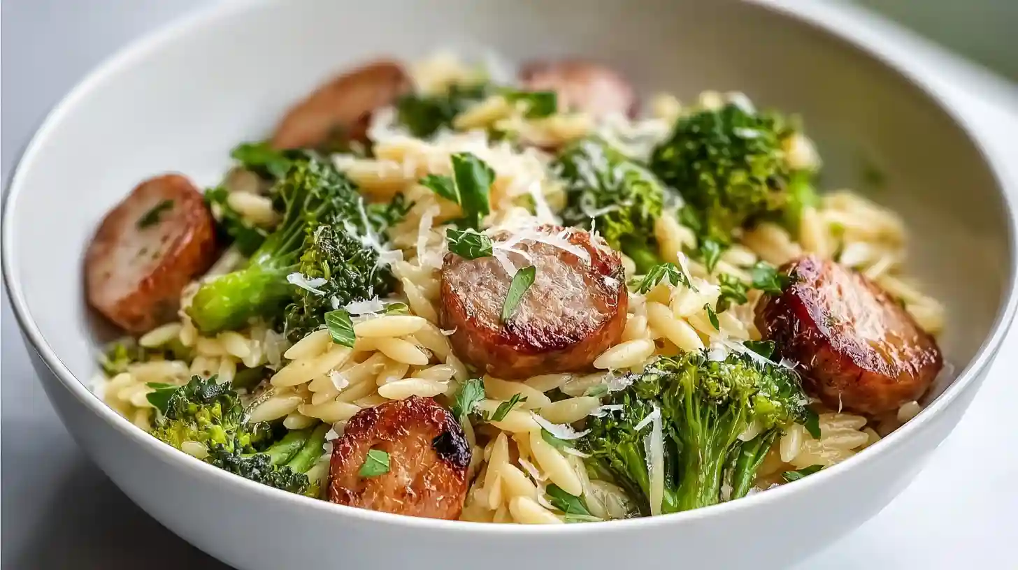 Chicken Sausage and Broccoli Orzo one-pot skillet with golden browned sausage rounds bright green broccoli creamy Parmesan orzo lemon and fresh herbs