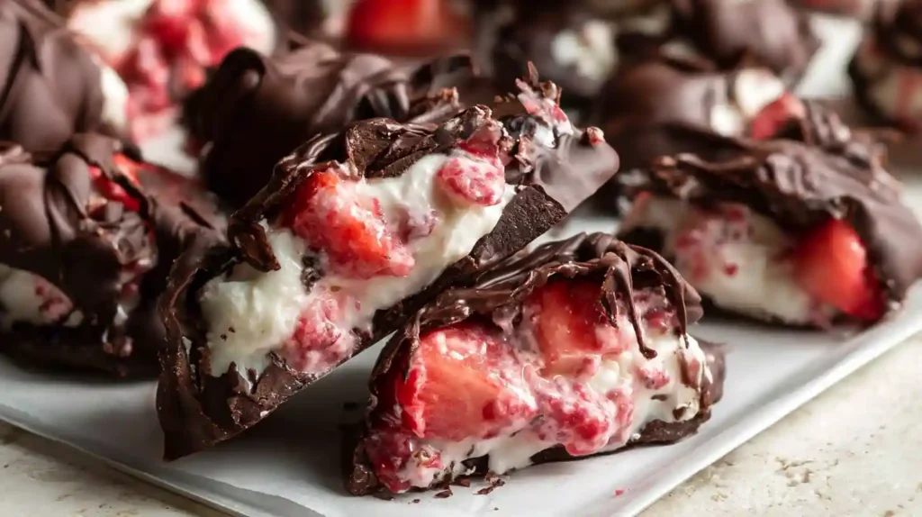 Chocolate Strawberry Yogurt Clusters with frozen Greek yogurt and strawberry bites coated in dark chocolate with pink yogurt filling and fresh strawberries