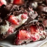 Chocolate Strawberry Yogurt Clusters with frozen Greek yogurt and strawberry bites coated in dark chocolate with pink yogurt filling and fresh strawberries