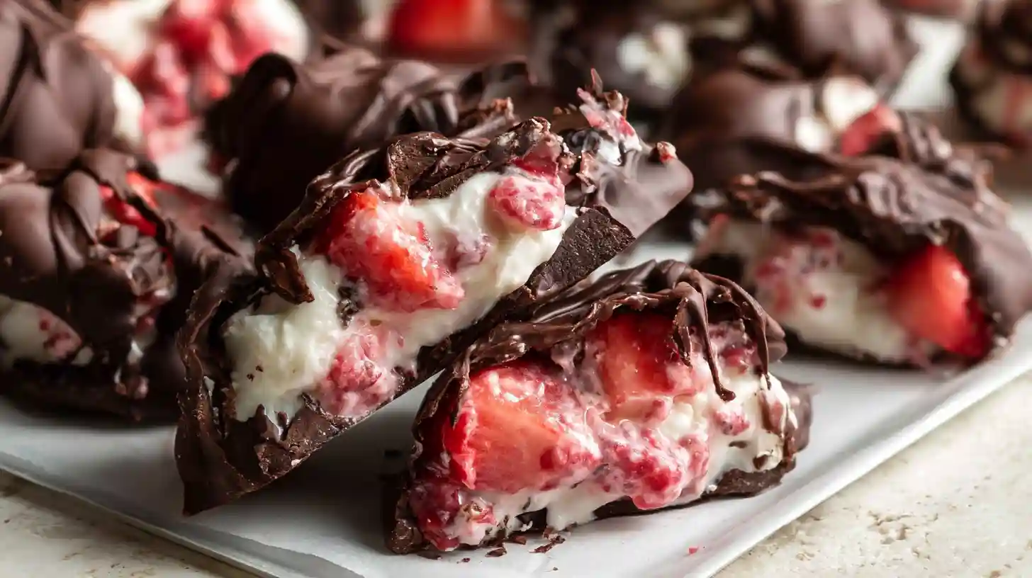 Chocolate Strawberry Yogurt Clusters with frozen Greek yogurt and strawberry bites coated in dark chocolate with pink yogurt filling and fresh strawberries