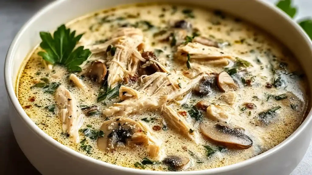 Creamy Rotisserie Chicken Mushroom Soup with tender shredded chicken sliced mushrooms carrots celery and herbs in a velvety broth served in white bowls with crusty bread