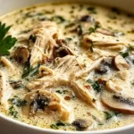 Creamy Rotisserie Chicken Mushroom Soup with tender shredded chicken sliced mushrooms carrots celery and herbs in a velvety broth served in white bowls with crusty bread