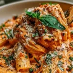 Creamy Tomato Garlic Pasta with velvety tomato cream sauce rigatoni penne pasta garlic rolls poached egg and fresh herbs in a white bowl