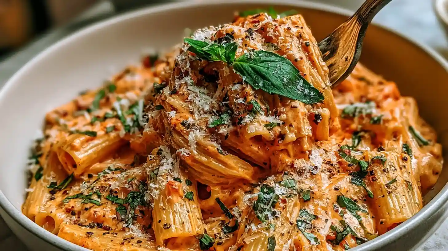 Creamy Tomato Garlic Pasta with velvety tomato cream sauce rigatoni penne pasta garlic rolls poached egg and fresh herbs in a white bowl