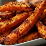 Crispy Oven Baked Sweet Potato Fries with golden orange fries seasoned with salt paprika and garlic powder served with ketchup on a white plate