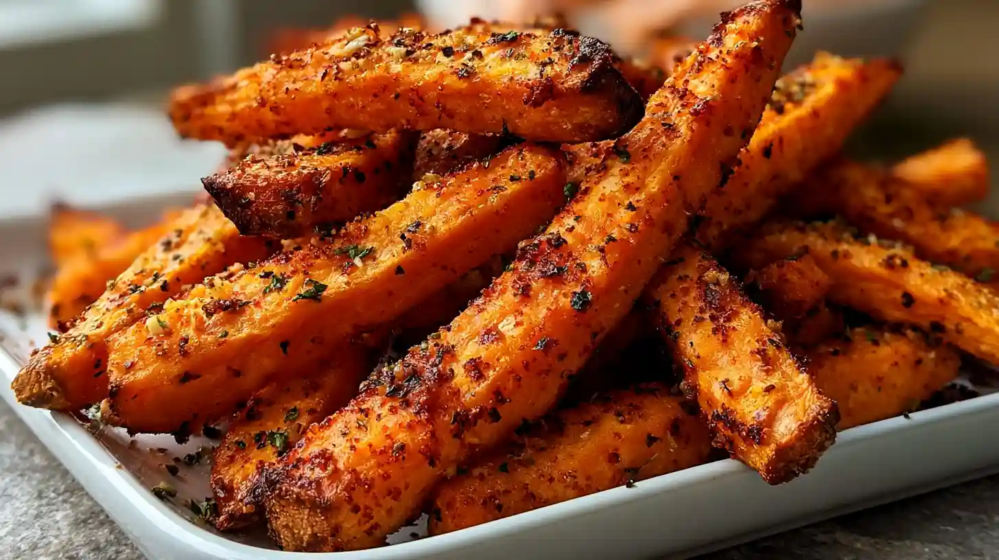 Crispy Oven Baked Sweet Potato Fries with golden orange fries seasoned with salt paprika and garlic powder served with ketchup on a white plate