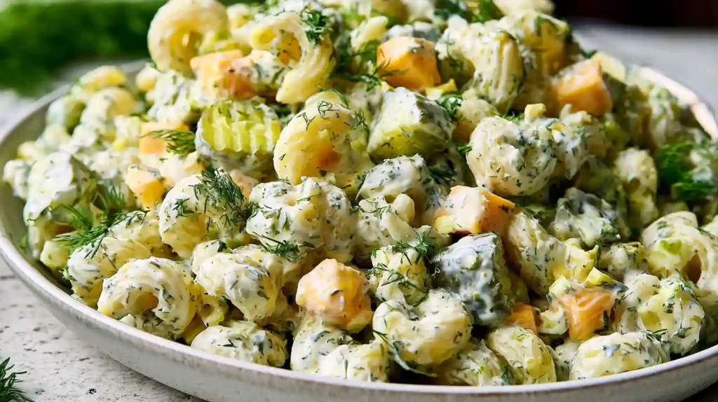 Dill Pickle Pasta Salad with creamy tangy dressing shell pasta diced dill pickles cheddar cheese cubes and fresh dill in a white bowl