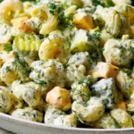 Dill Pickle Pasta Salad with creamy tangy dressing shell pasta diced dill pickles cheddar cheese cubes and fresh dill in a white bowl