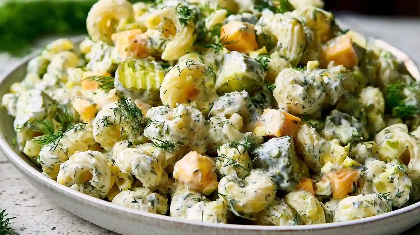 Dill Pickle Pasta Salad with creamy tangy dressing shell pasta diced dill pickles cheddar cheese cubes and fresh dill in a white bowl