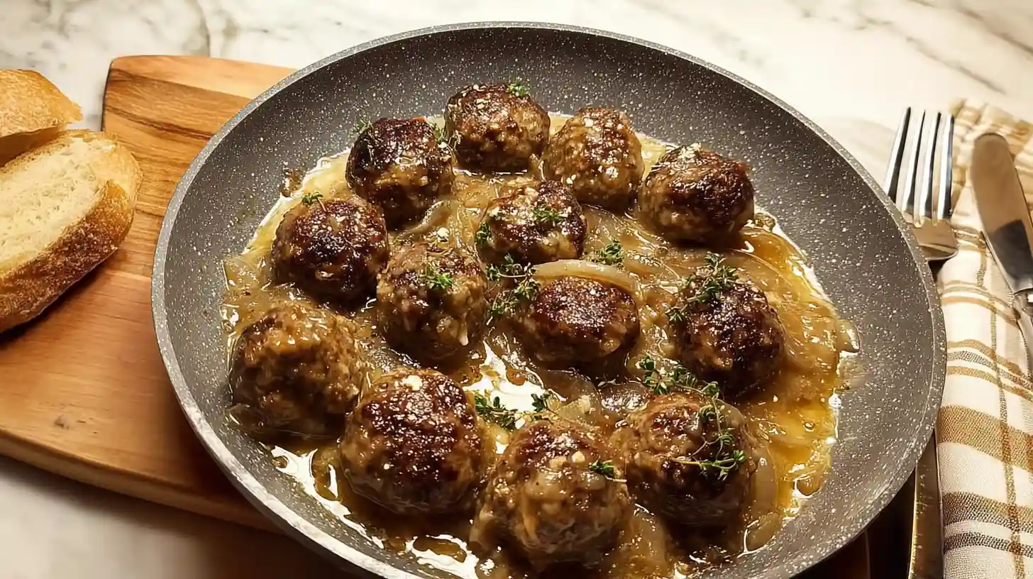 French Onion Meatballs in cast iron skillet with deeply caramelized onion gravy topped with melted Gruyère and mozzarella cheese and fresh thyme