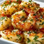 Garlic Parmesan Roasted Shrimp with pink tender shrimp coated in garlic olive oil Parmesan lemon parsley and Italian herbs roasted on a sheet pan