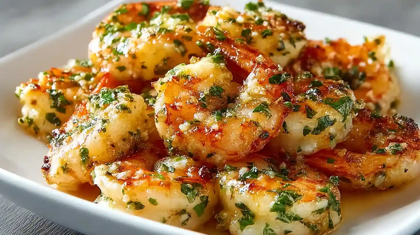 Garlic Parmesan Roasted Shrimp with pink tender shrimp coated in garlic olive oil Parmesan lemon parsley and Italian herbs roasted on a sheet pan