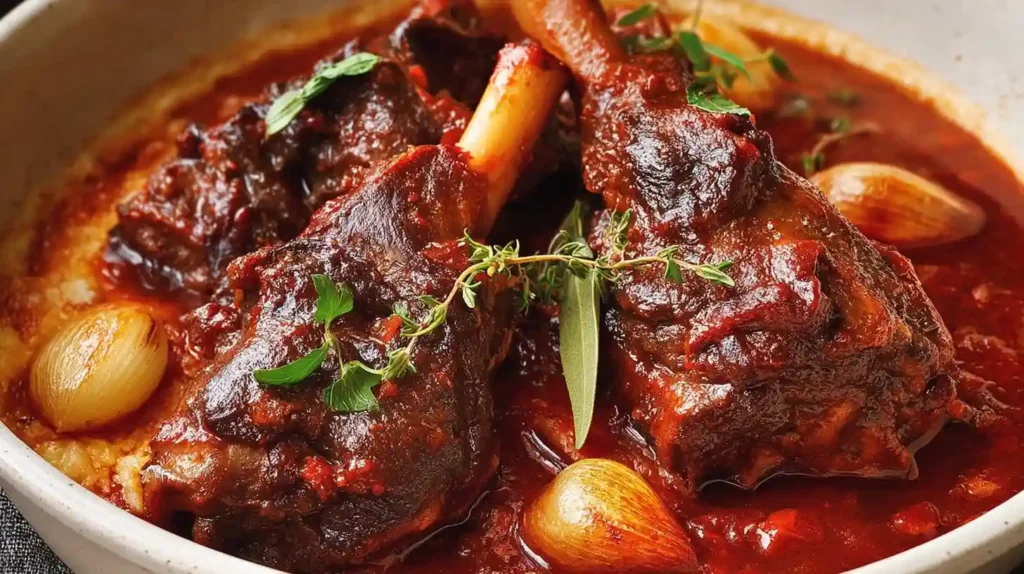Greek-Style Braised Lamb Shanks fall-off-the-bone tender slow-braised in rich tomato sauce red wine cinnamon allspice and oregano served over creamy orzo or mashed potatoes garnished with fresh parsley