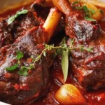 Greek-Style Braised Lamb Shanks fall-off-the-bone tender slow-braised in rich tomato sauce red wine cinnamon allspice and oregano served over creamy orzo or mashed potatoes garnished with fresh parsley