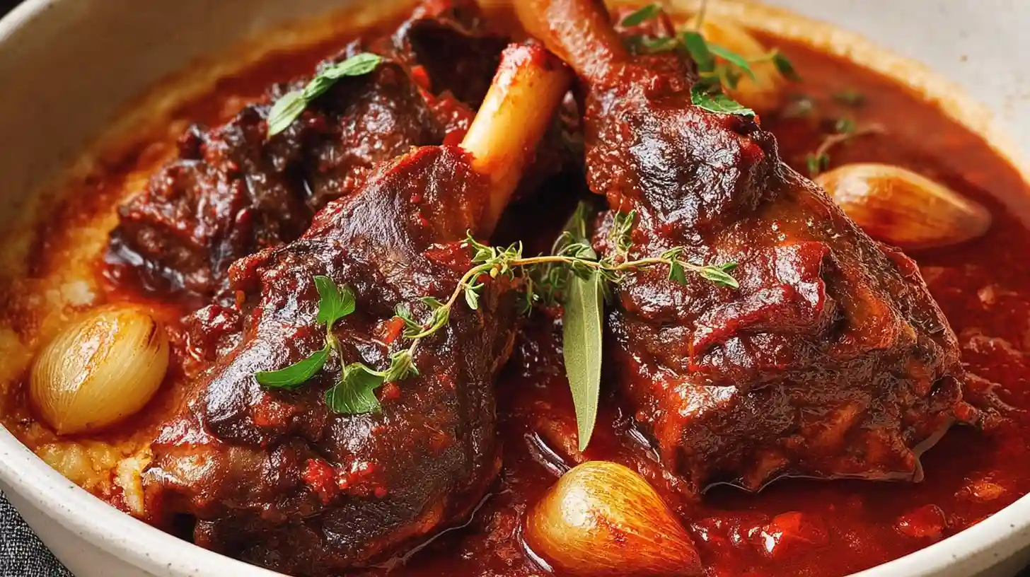 Greek-Style Braised Lamb Shanks fall-off-the-bone tender slow-braised in rich tomato sauce red wine cinnamon allspice and oregano served over creamy orzo or mashed potatoes garnished with fresh parsley