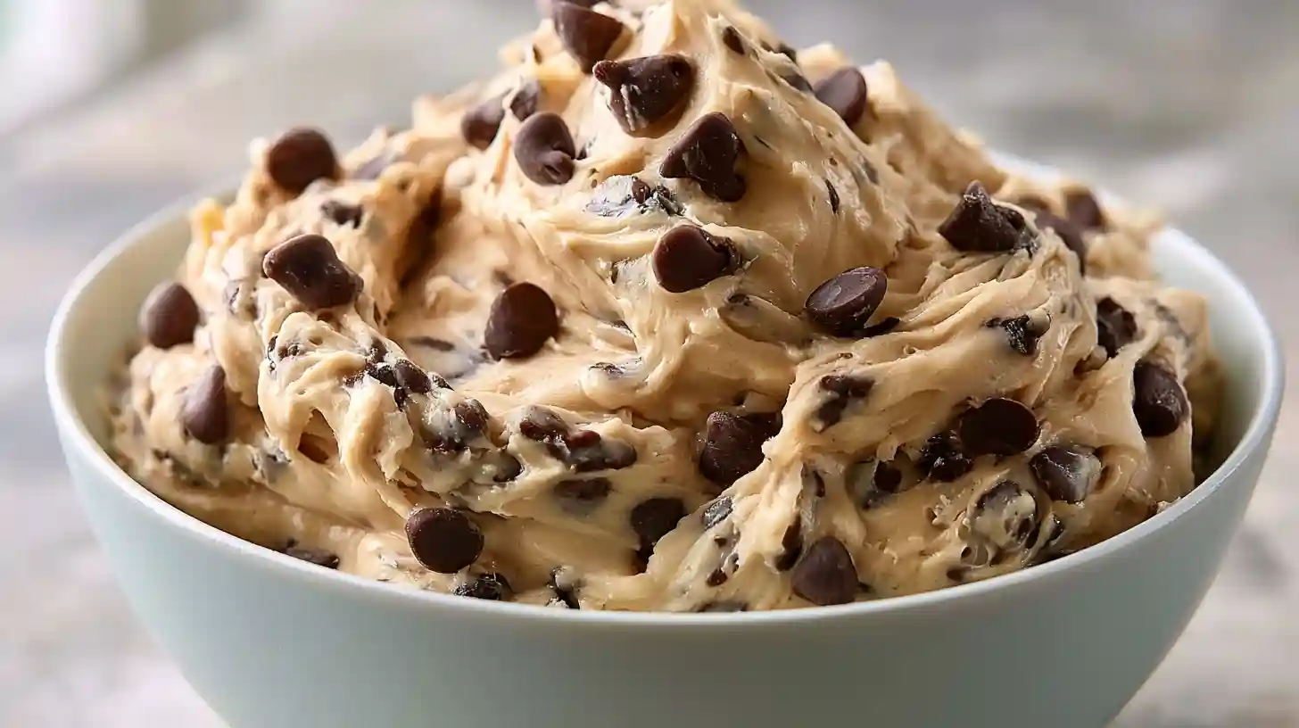 Greek Yogurt Cookie Dough in a bowl with creamy beige dough chocolate chips and a spoon for a high-protein no-bake treat