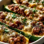 Ground Beef Zucchini Boats with halved zucchini filled with seasoned ground beef tomato sauce and melted cheese baked until tender and golden