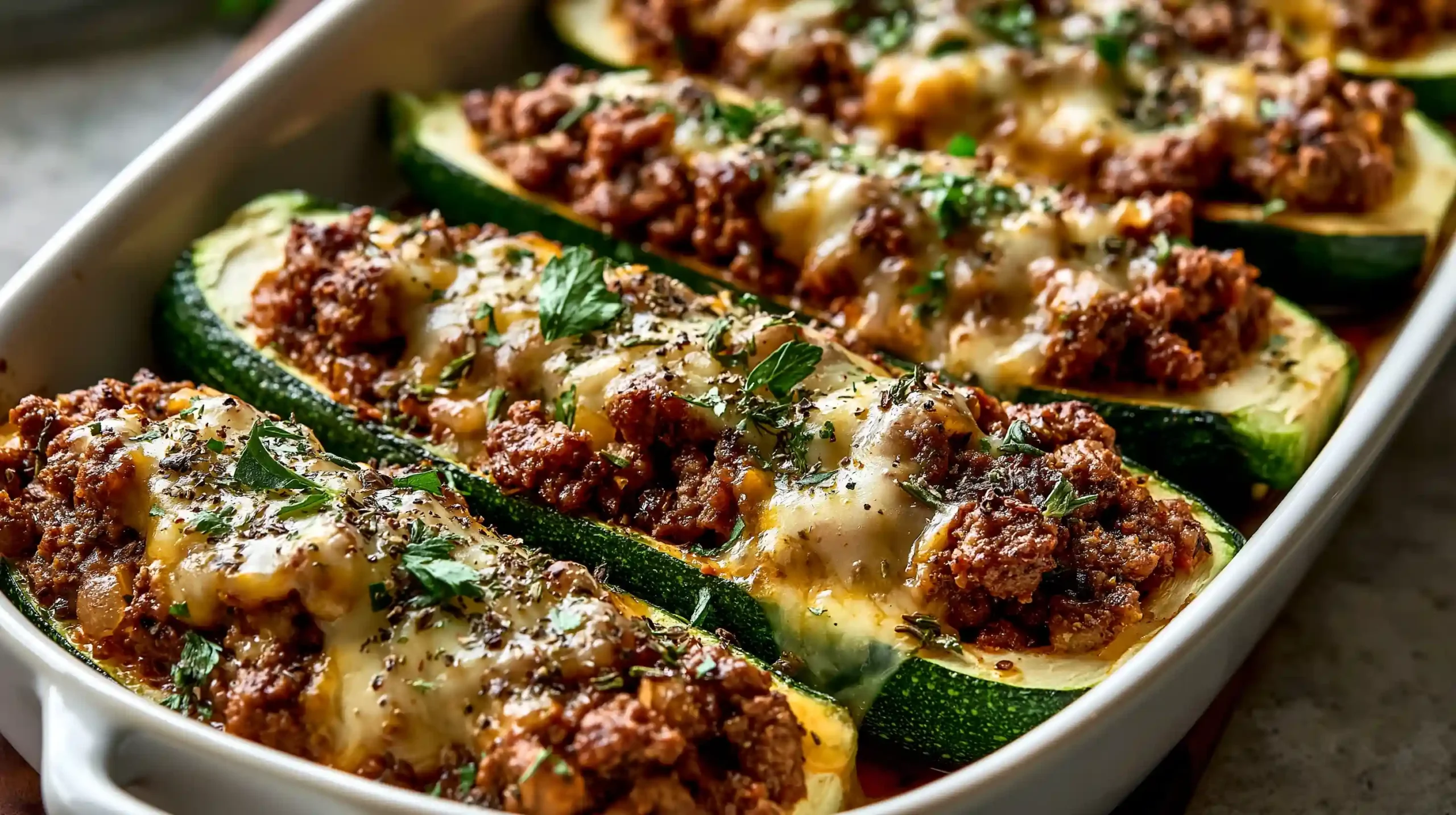 Ground Beef Zucchini Boats with halved zucchini filled with seasoned ground beef tomato sauce and melted cheese baked until tender and golden