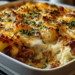 Ground Beef and Potatoes Casserole with seasoned ground beef potato slices creamy mushroom sauce and melted cheddar cheese in a baking dish