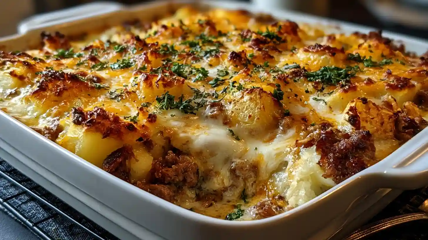 Ground Beef and Potatoes Casserole with seasoned ground beef potato slices creamy mushroom sauce and melted cheddar cheese in a baking dish