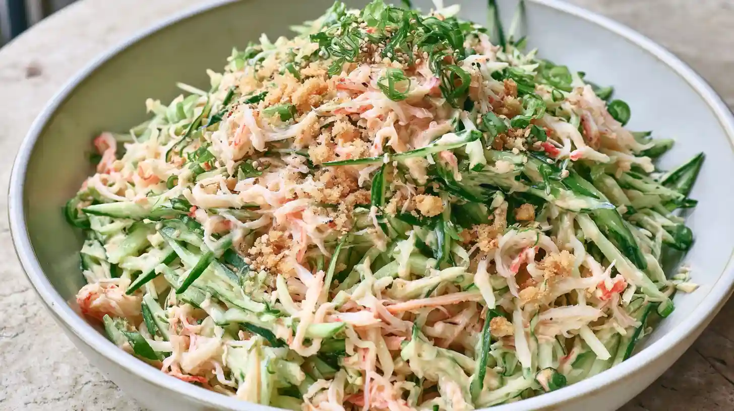 Kani Salad Recipe with shredded imitation crab cucumber carrot lettuce mango and creamy Japanese mayo dressing topped with sesame seeds