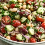 Mediterranean Bean Salad with chickpeas kidney beans cucumbers red onion celery parsley and lemon dressing in a bright serving bowl